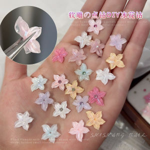 OIMG | 30PCS 3D Soft Resin Five-Petal Flower Nail Charms Sparkle Ice Transparent Star Floret Decor with Rhinestone Manicure Accessories