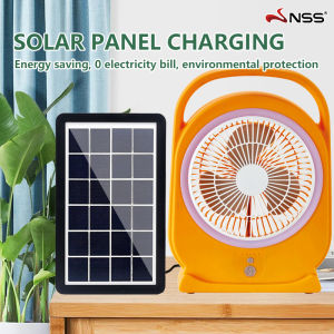 Nss original solar electric fan 8 inch portable rechargeable stand fan 3-speed wind speed vertical fan with solar panel and light mini desk fan promo sale