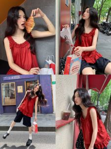 Mixd | Áo Thun Không T Tay Cổ Dụng Linen Cotton Màu Đỏ Thời Trang