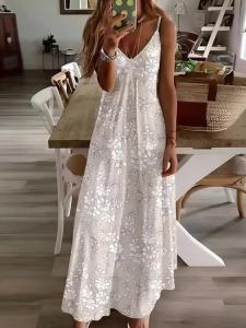 Printed Design Four Seasons casual style White Floral Pattern Print Dress V-neck sling dress