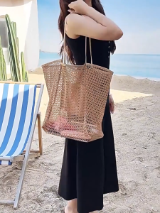 Hollow Out Tote Bag Foldable Beach Bag Large Capacity Mesh Bag Shoulder Shopping Bag Travel Handbag