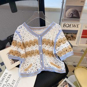 Design Sensation Hollow out Short Sleeve Womens Cardigan Thin Summer Top V-Neck Button Detail Commute Style Slim Fit