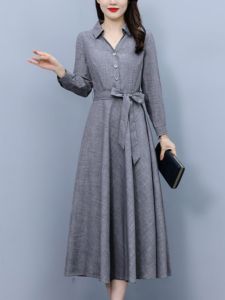 Elegant Cotton Linen Midi Dress Womens Spring Autumn New Style Slimming A-Line Skirt Korean Style Commute Pure Color