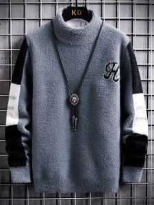 ROMON | Lormen Mens Mid-High Collar Thickened Woolen Sweater Fashionable Casual Inner Wear Mink Velvet Knitted Winter Clothes