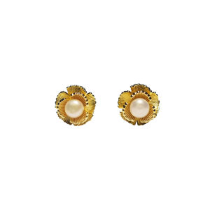 Her Lab Jewelry | High-grade matte 18K gold flower earrings Chinese style inlaid natural freshwater pearl earrings Exquisite and small ladies earrings