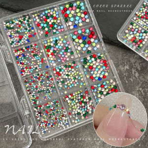12Grids 3D Coloiful Round Nail Art Rhinestones Flat Bottom Glass Diamond Nail Charms Mixed Sizes Gemstones Manicure Accessories