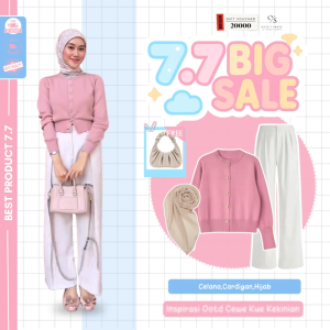 Oneset wanita viral tiktok | Hijab CreamCardigan PinkCelana Putih | Outfit cewek aesthetic - B706