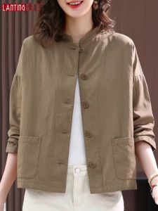Pure Cotton Thin Single Layer Casual Short Coat for Women Spring Autumn plus Size Slimming Top for Short Plump Mothers