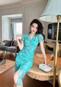 ZY·HT 2024 Summer New Dress Womens Elegant V-Neck Green Floral Pleated Slim Midi Banquet Dinner Dress 20115 eravogue