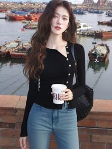 SHANGSHA | Chic Youthful Elegant Black Knit Top For Layering