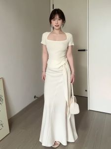 XIAOQIAOJIA | ชุดกระโปรงทรงเอเอวสูงสองชิ้นสไตล์เกาหลีสำหรับผู้หญิงวัย 18-24 ปีในฤดูร้อน ชุดทำงานสไตล์เกาหลี