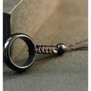 Natural Stone Obsidian Round Peace Clasp Pendants Necklace Trendy Jewelry Black Glossy Safety Button Pendant with Lucky Chain Fashion Black Agate Circle Ring Pendant Rope Necklace for Women Men Cool Jewelry Gifts Adjustable