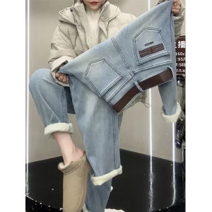 Womens Thickened Fleece Lined Harajuku Style Bootcut Jeans High Waist Nine Points Casual Loose Fit Anti-Wrinkle Winter New