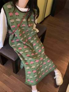 Retro Jacquard Sleeveless Knitting Vest Dress Womens Spring Fall and Winter Loose and Lazy Style Straight Split Sweater Skirt