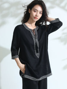 Miccbeirn | Pure Linen Gold Thread Embroidered Casual Shirt Vintage V-neck Tassel-trimmed Loose Fit Summer Top For Women Daily Wear