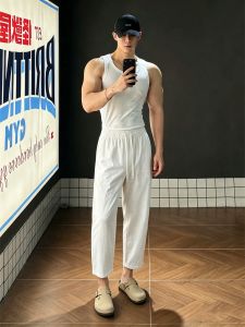 OUMULONG | White Linen Breathable Training Pants