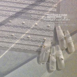 Japanese Style Black White Lace Stripes Nail Art Sticker Pearl Relief Classy Cut Out Stockings Nail Ornament Decals