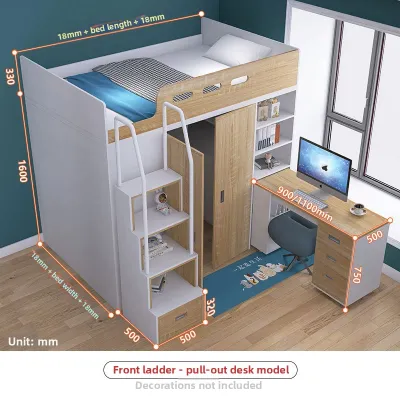 Multi-Functional Childrens Bed with Study Desk Integrated Loft Closet Upper Lower Cabinet Two-Layer Attic Duplex No Safety Barrier
