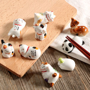 Japanese Style Ceramic Cat Chopsticks Holder Cute Money Attracting Bell Bear Spoon Rest Desktop Pen Holder Small Accessories