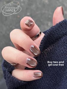 White Enhancing Short Worn Nail Tips Chocolate Cat Eye Design Premium Feeling Finished Nail Patches Easy to Wear from China