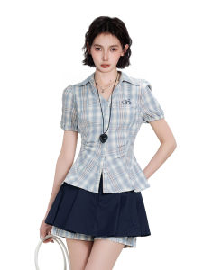 KBVVR | Summer Short Sleeve Waist-cinching Plaid Shirt Blue