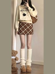 Retro Tweed Plaid A-Line Mini Skirt Womens Spring Autumn plus Size Flattering High Waist Slimming Sweet Spicy Style Short Skirt