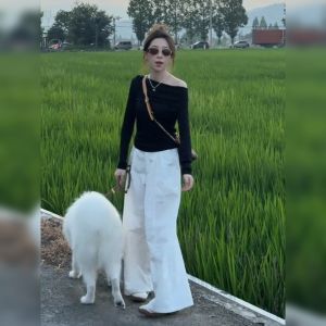 YUFUQING | Early Autumn Fashionable Womens Long Sleeve Shoulder Bared T-shirt Wide Leg Pants Two-piece Set Elegant Style Korean Trend