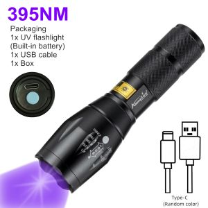 Zoom 365/395nm UV Flashlight Usb Rechargeable Bright Ultraviolet Cat Dog Pet Scorpion Money Ore Leakage fluorescence Check Light