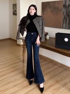 High Waist Fleece Lined Bell Bottom Jeans Womens Elastic Slimming American Style Spring Autumn Blue Cotton Stretch Denim