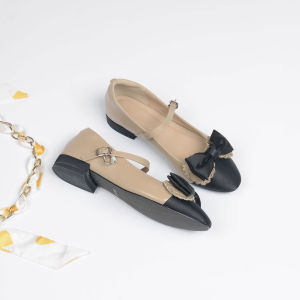 French Style Shallow Mouth Bowknot Round Toe Low/Medium Chunky Heel Leather Shoe