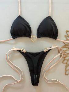 Bộ Đồ Bơi Hai Mảnh Cổ Treo Trái Tim Dành Cho Nữ Bộ Đồ Bơi Mùa Hè 2025 Thiết Kế Áo Chui Đầu Có Khóa Kéo Quần Bơi Ngắn Tay