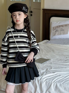 MPW | ชุดเดรสลายทางผ้าลูกไม้กระโปรงจีบแฟชั่นสำหรับเด็กผู้หญิง ชุดสองชิ้น ฤดูใบไม้ผลิและฤดูใบไม้ร่วง วัสดุอื่นๆ ความยาวปานกลาง