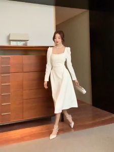 elegant white prom dress plus size korean plain long sleeve cocktail dress annual dinner dress women for party formal office bodycon long dress
