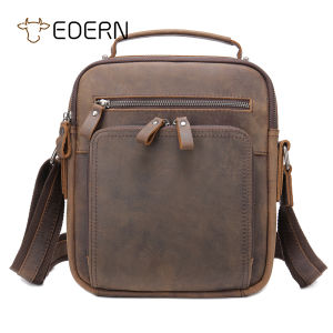 EDERN Retro Crazy Horse Leather Mens Shoulder Bag Large Capacity Cowhide Messenger Bag Business Casual Crossbody Bag Vertical Handbag