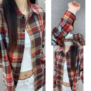 BM AbrandyKgirl Casual Wind Cotton Shirt with Patchwork Plaid Pattern Loose Fit Long Sleeves for Women 18-24