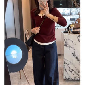 Pure Cotton Long Sleeve round Neck Base Shirt T-Shirt Womens Autumn Design Sensation Small Color Collision Atmosphere Inner Wear Top