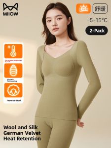 Miiow | Warm Thermal Underwear Set For Women With Chest Pad One-Piece Wool Blend Fleece Lined V-Neck Autumn Winter Base Layer Top