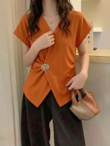 AIYITI | French High-End V-Neck Short Sleeve Large Size T-Shirt Belly Concealing Waist-Shaping 2026 New Style
