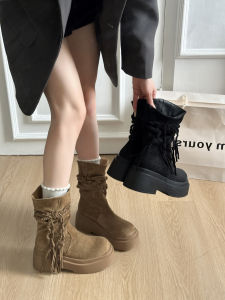 XUJIA | Thick Heel Elevation Fringe Short Boots