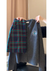 Váy Kẻ Caro Cổ Điển Hàn Quốc Mùa Thu Đông Màu Xám Dệt Kim Áo Khoác Cardigan Áo Len Hai Mảnh Dài Vừa Phải Ấm Áp