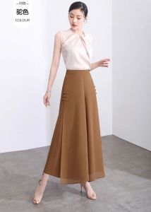 2024 musim panas baru pinggang tinggi dua lapisan Chiffon lebar kaki seluar wanita kendur longgar berpecah seluar Skirt