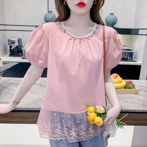 YIMEI เสื้อแฟชั่นสไตล์เกาหลีสำหรับฤดูร้อนใหม่สำหรับ2025เสื้อสีชมพูคอกลมเปลือกลูกไม้การเย็บปะติดปะต่อกันกระชับสัดส่วนเสื้อแบบหลวมของผู้หญิงที่สง่างาม