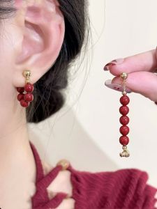 Fashionable Red Beads Front And Back Wearing Earrings New Year Simple Retro High-End Sensation Korean Style Alloy Ear Studs