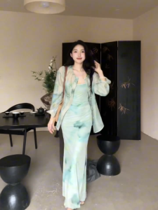 summer fitted green long dress for woman casual formal dress with slit puff sleeve dress plus size