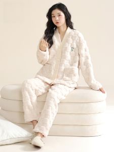 MiiOW | Áo ngủ lông cừu dày chống tĩnh điện cho nữ MiiOW Áo ngủ dài tay mùa thu đông bằng vải nỉ màu trơn thoải mái cho nhà cửa