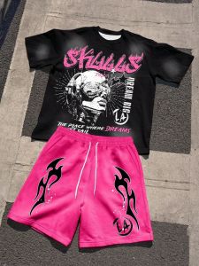 ฤดูร้อนผู้ชายแฟชั่นระบายอากาศสบายจดหมายพิมพ์รอบคอเสื้อยืดกางเกงขาสั้นชุดลําลองกลางแจ้งด้านบน