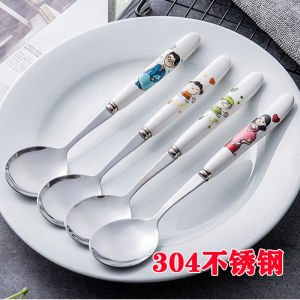 Long-Handled Ceramic Spoon for Children Stainless Steel 304 Cute Cartoon Eating Spoons Household Soup Ladle Dining Utensils