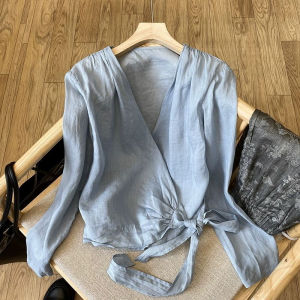 Áo Sơ Mi Vải Lanh Cotton Mùa Hè Cổ Chữ V Dài Tay Quần Ống Rộng Thoải Mái Cho Nữ Cỡ Lớn Thương Hiệu Không Thương Hiệu