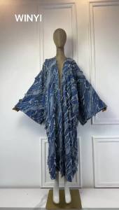 WINYI Kimono Washed Jacquard Denim with Spliced Raw Edge Cardigan Maxi Dress: An Elegant Party Swimming Beach Cover-Up Dress Abaya