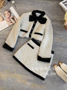 Elegance French Style Lambskin Short Skirt Set Womens Fashion Autumn Winter Two-Piece Suit Warmth Flattering Fit Casual Wear